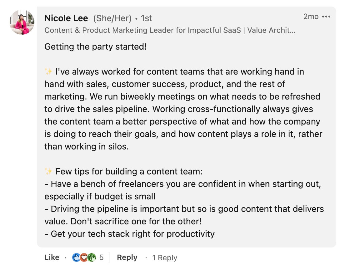 Nicole Lee shared how her team’s regular meetings with sales, product, and marketing ensure that everyone plays from the same sheet.