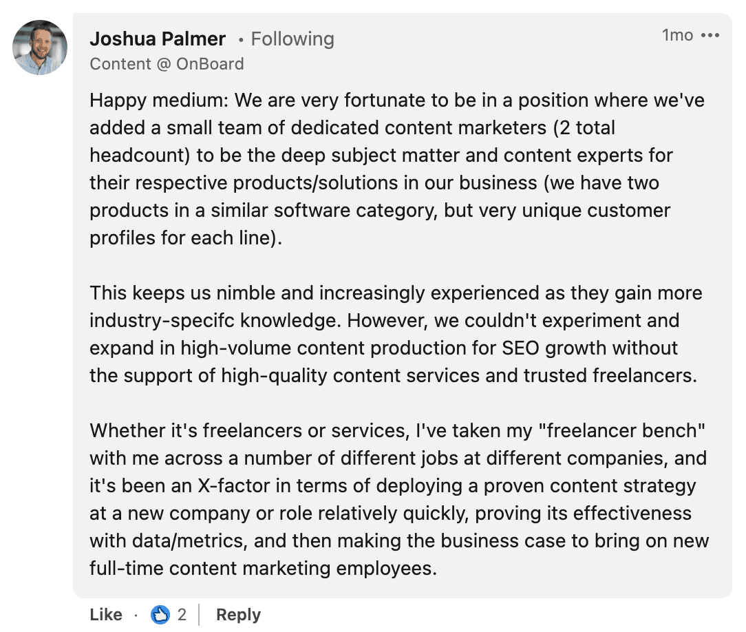 Joshua Palmer found a happy medium for team size and contractors.