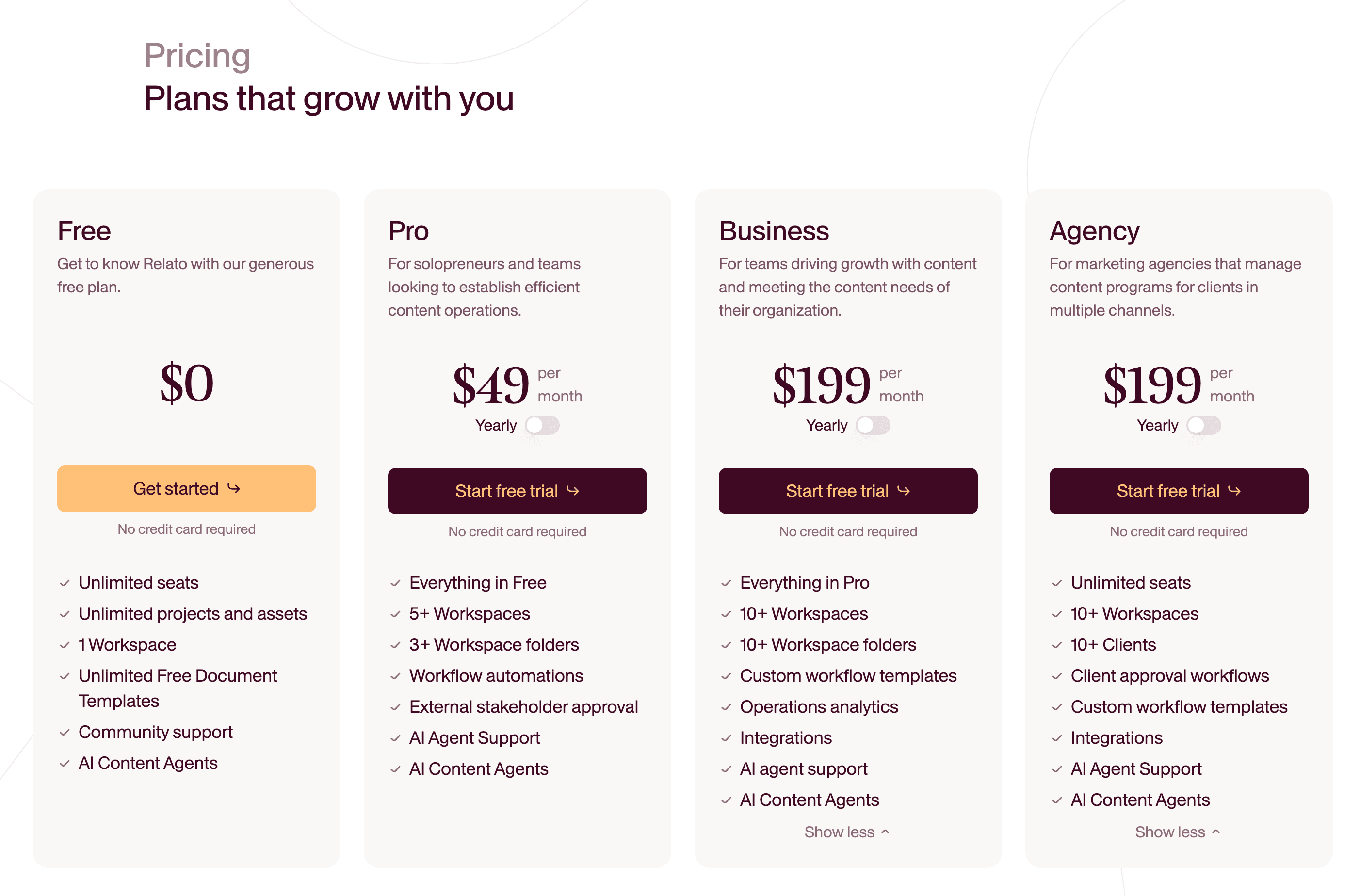 Relato pricing includes a Free plan, Pro at $49/mo, Business at $199/mo and Agency plan at $199/mo
